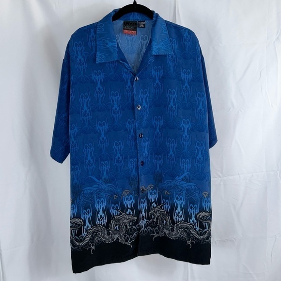 Vintage Korean Oriental Styled 2 Tone Dragon Flames Button Up Short Sleeve Top - Picture 2 of 11